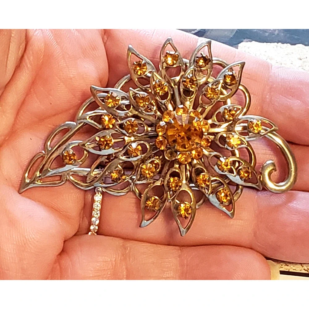 Vintage‎ Rhinestone Brooch Pin Orange- Large 2.5